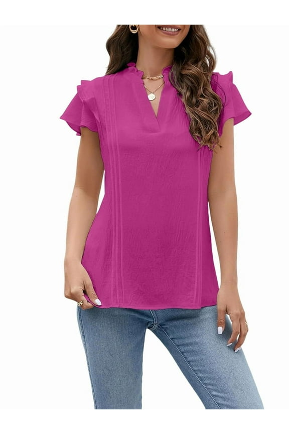 Womens Dressy Casual Tops Ruffle Short Sleeve V Neck Shirts Elegant Business Work Blouse Rose Red XXL