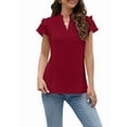 thumbnail image 1 of Womens Dressy Casual Tops Ruffle Short Sleeve V Neck Shirts Elegant Business Work Blouse Wine Red M, 1 of 5