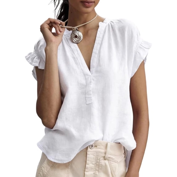 Womens Dressy Casual Tops Ruffle Short Sleeve V Neck Work Blouses Summer Business Casual Cotton Linen Shirts, M