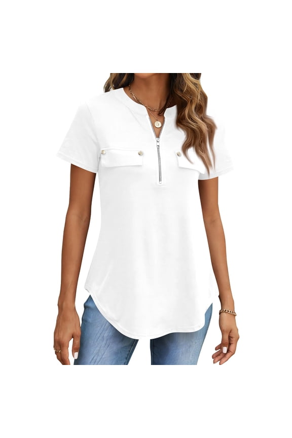 Womens Dressy Casual Tops Short Sleeve Zip Front Flowy Business Work Blouses Summer Shirts, 2XL