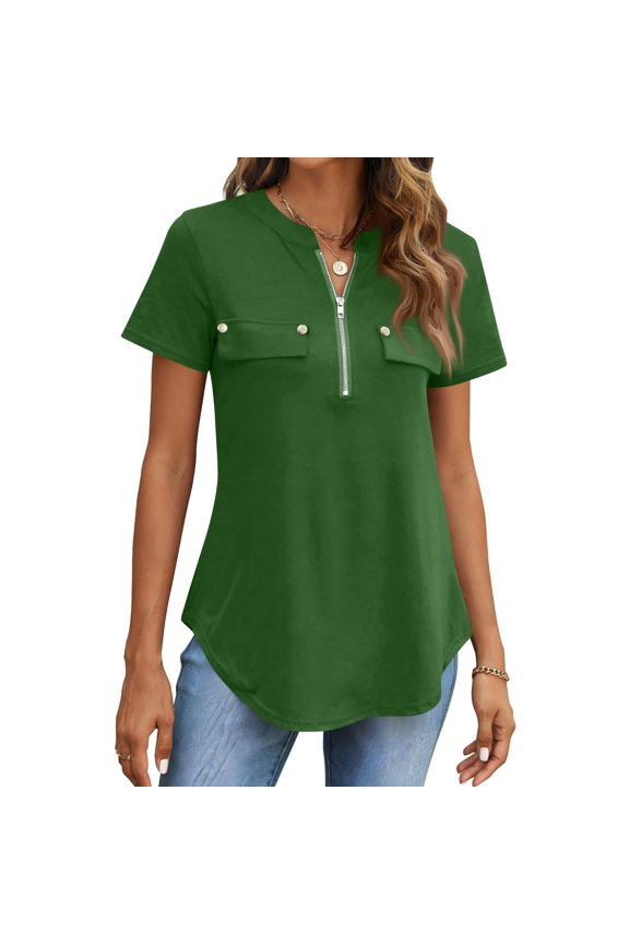 Womens Dressy Casual Tops Short Sleeve Zip Front Flowy Business Work Blouses Summer Shirts, M