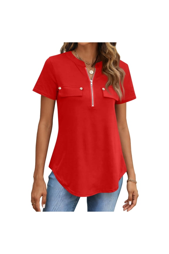 Womens Dressy Casual Tops Short Sleeve Zip Front Flowy Business Work Blouses Summer Shirts, M