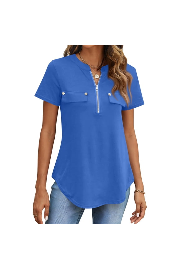 Womens Dressy Casual Tops Short Sleeve Zip Front Flowy Business Work Blouses Summer Shirts, M