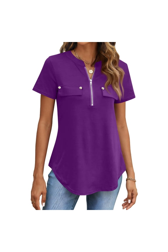 Womens Dressy Casual Tops Short Sleeve Zip Front Flowy Business Work Blouses Summer Shirts, M