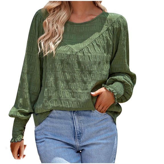 Womens Dressy Casual Tops Smocked Puff Long Sleeve Pleated Loose Fit Crewneck Pullover Plain Tee Shirts Blouses (Large, Army Green)