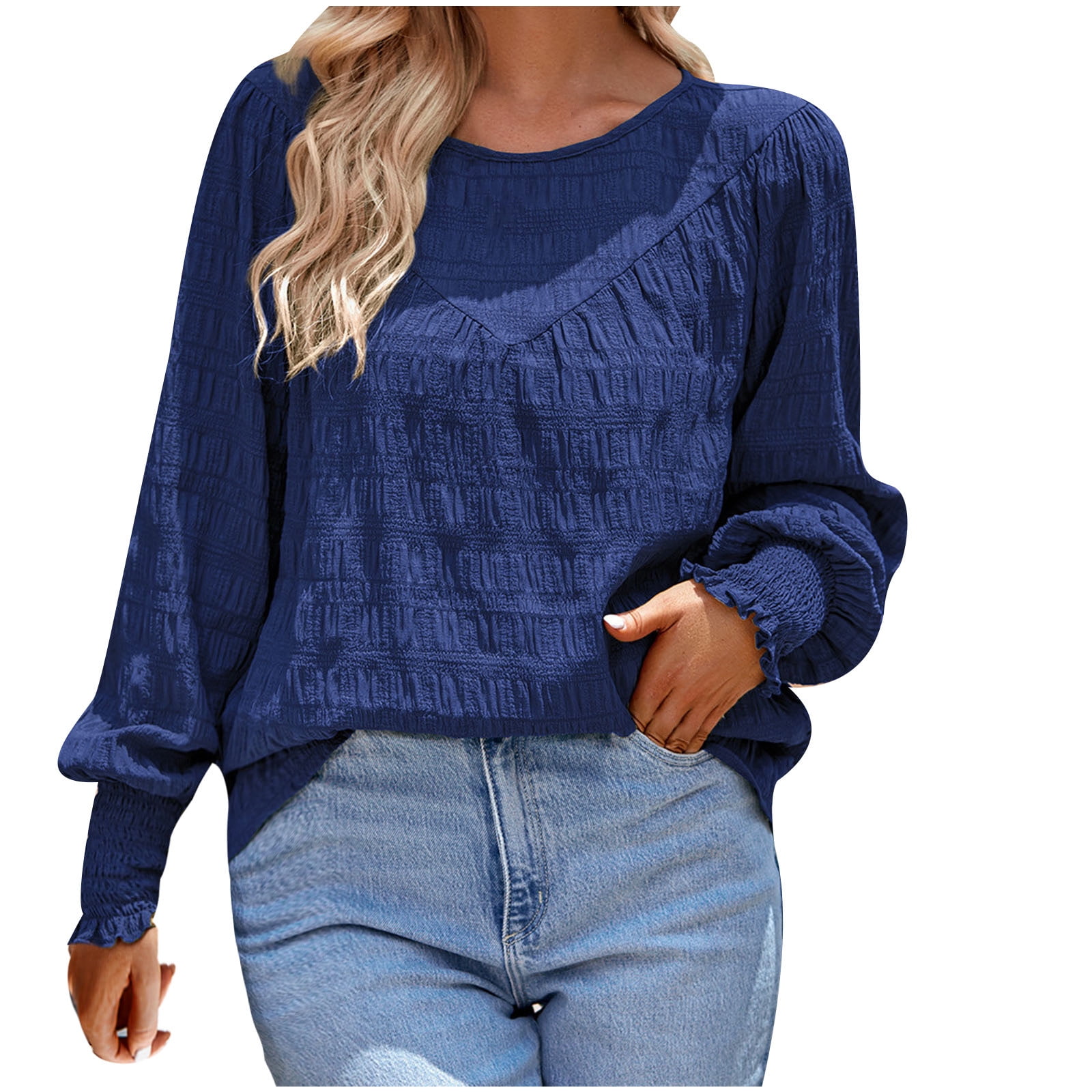 Womens Dressy Casual Tops Smocked Puff Long Sleeve Pleated Loose Fit