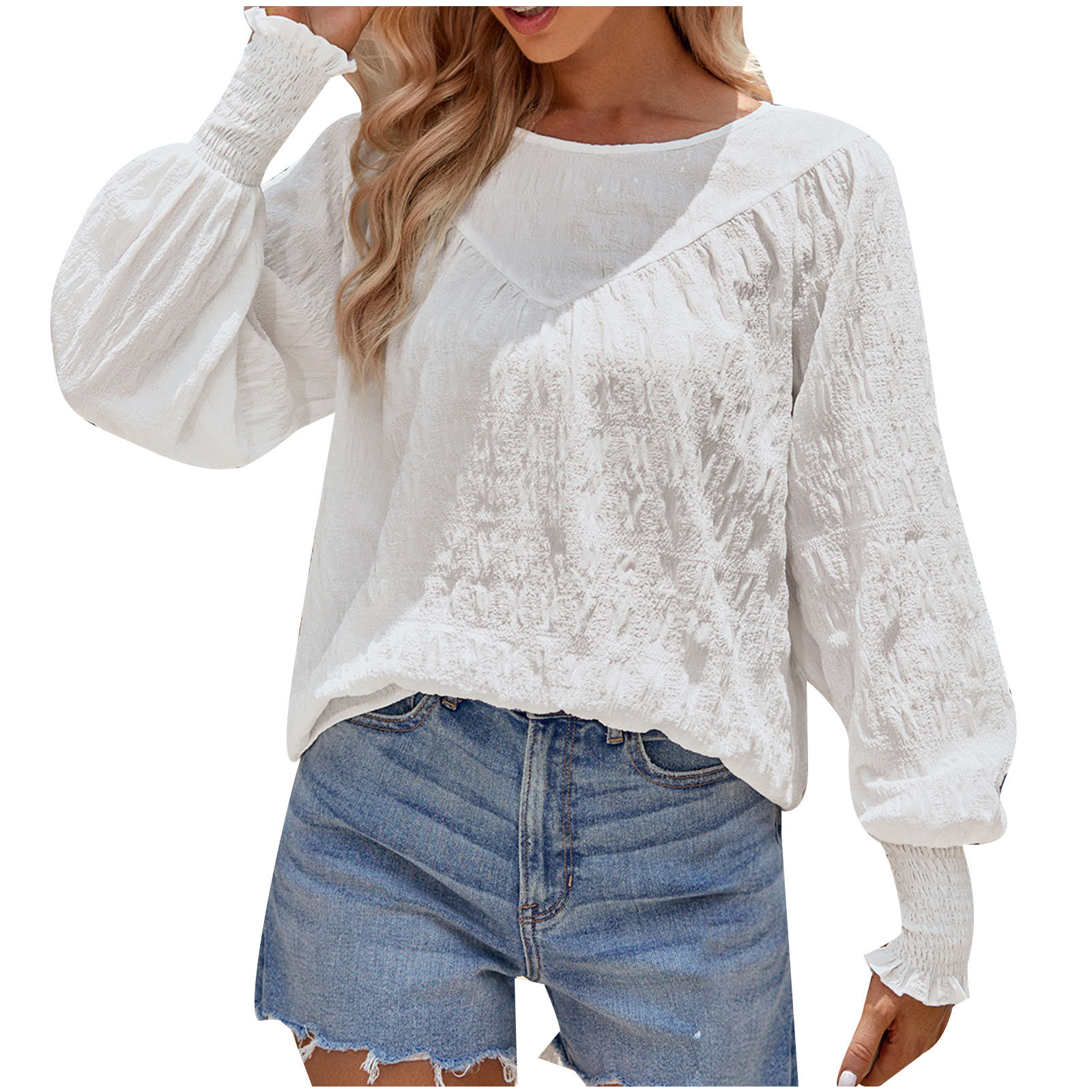 Womens Dressy Casual Tops Smocked Puff Long Sleeve Pleated Loose Fit