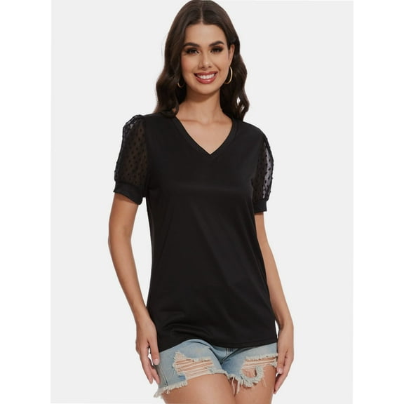 Women's Swiss Dot Blouse - Sheer Puff Short Sleeve Lace Trim V-Neck Casual Dressy Top