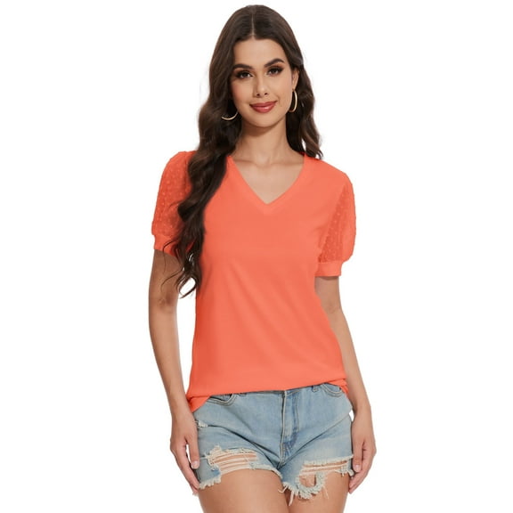Womens Dressy Casual Tops Swiss Dot Sheer Puff Short Lace Sleeve V Neck Shirts Blouse