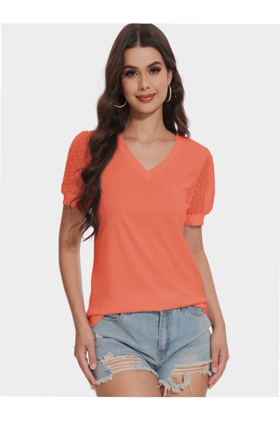 Womens Dressy Casual Tops Swiss Dot Sheer Puff Short Lace Sleeve V Neck Shirts Blouse