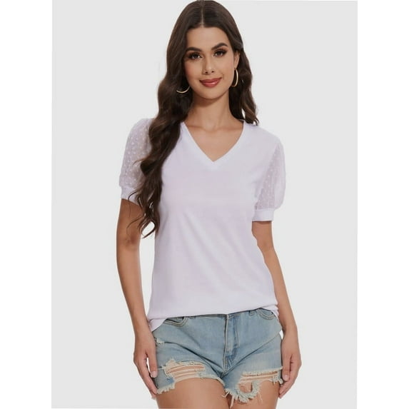 Womens Dressy Casual Tops Swiss Dot Sheer Puff Short Lace Sleeve V Neck Shirts Blouse
