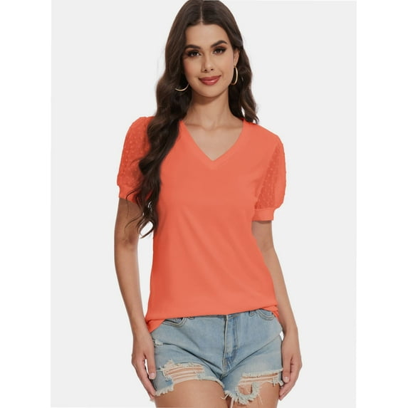 Women's Swiss Dot Blouse - Sheer Puff Short Sleeve Lace Trim V-Neck Casual Dressy Top