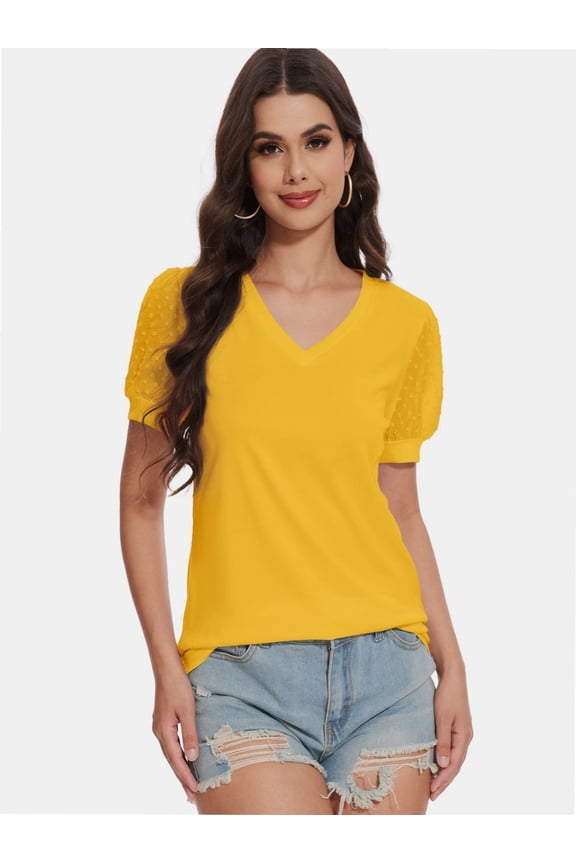 Women's Swiss Dot Blouse - Sheer Puff Short Sleeve Lace Trim V-Neck Casual Dressy Top