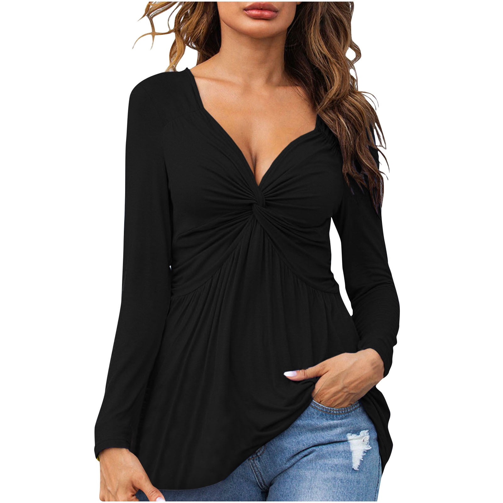 Womens Dressy Casual Tops Twist Knot Front Deep V Neck Sexy Blouses ...