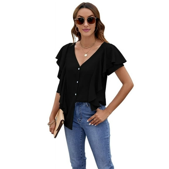 Womens Dressy Casual Tops V Neck Button Down Shirts Ruffle Short Sleeve Blouse Black S