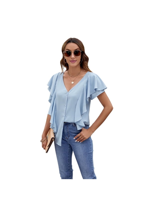 Womens Dressy Casual Tops V Neck Button Down Shirts Ruffle Short Sleeve Blouse Blue L