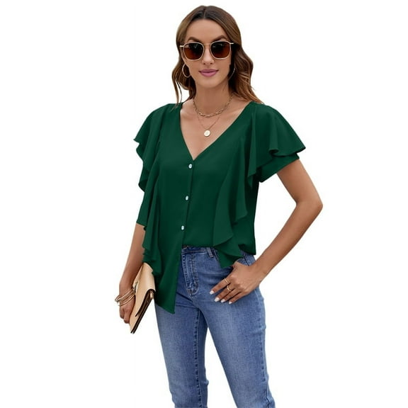Womens Dressy Casual Tops V Neck Button Down Shirts Ruffle Short Sleeve Blouse Dark Green XXL