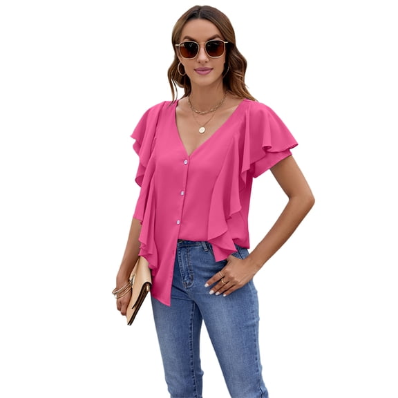 Womens Dressy Casual Tops V Neck Button Down Shirts Ruffle Short Sleeve Blouse Rose Red L