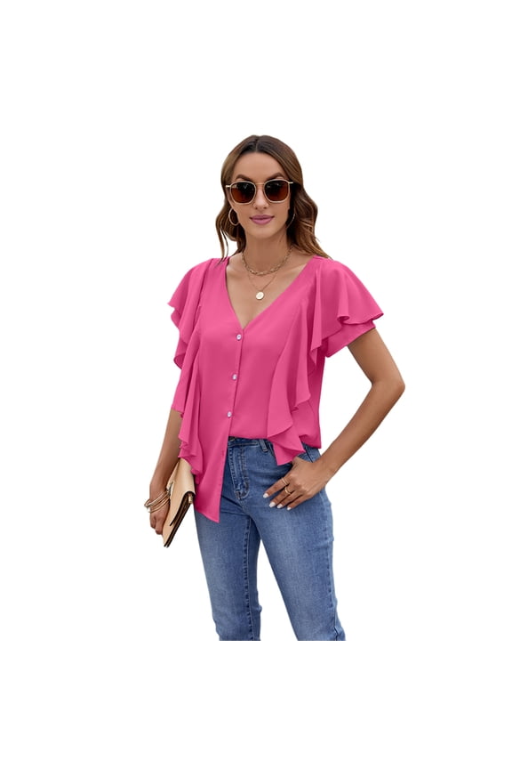 Womens Dressy Casual Tops V Neck Button Down Shirts Ruffle Short Sleeve Blouse Rose Red XL
