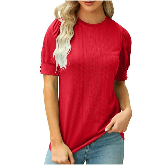 Womens Dressy Casual Tops and Blouses Hollow-Out Puff Short Sleeve Summer T Shirts 2023 Crew Neck Tunic Tshirts