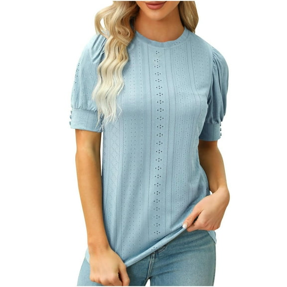 Womens Dressy Casual Tops and Blouses Hollow-Out Puff Short Sleeve Summer T Shirts 2025 Crew Neck Tunic Tshirts