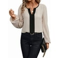 thumbnail image 1 of Womens Dressy Casual V Neck Color Block Business Blouses Long Sleeve Work Shirts Fall Trendy Clothes  XL, 1 of 7