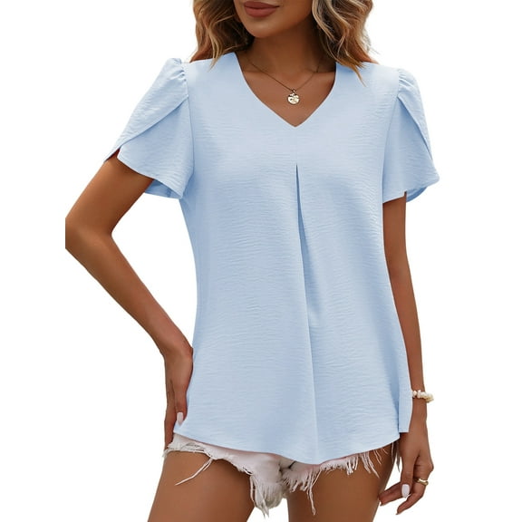 Womens Dressy Chiffon Blouses Summer Puff Petal Short Sleeve Shirts V Neck Casual Work Tops Blue XXL