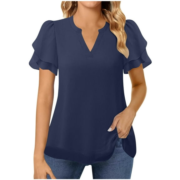 Womens Dressy Chiffon Blouses Summer Puff Petal Short Sleeve Shirts V Neck Casual Work Tops