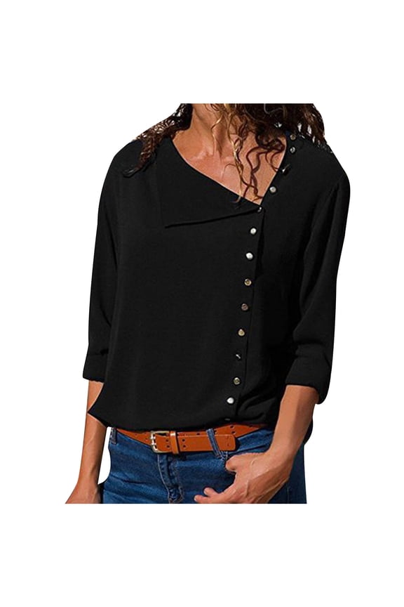 Womens Dressy Chiffon Top Snap Button Up Irregular Neck Long Sleeve Lightweight Casual Blouse Plain T Shirt Fall (Large, Black)