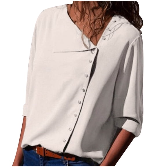 Womens Dressy Chiffon Top Snap Button Up Irregular Neck Long Sleeve Lightweight Casual Blouse Plain T Shirt Fall (Medium, White)