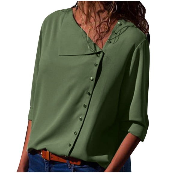 Womens Dressy Chiffon Top Snap Button Up Irregular Neck Long Sleeve Lightweight Casual Blouse Plain T Shirt Fall (X-Large, Green)