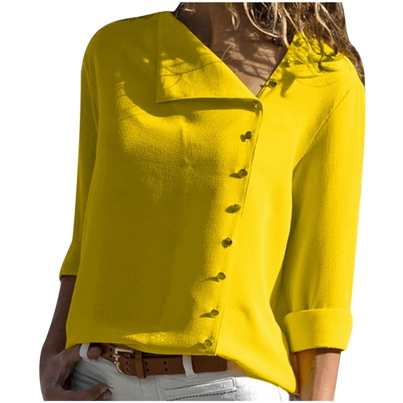 Womens Dressy Chiffon Top Snap Button Up Irregular Neck Long Sleeve Lightweight Casual Blouse Plain T Shirt Fall (X-Large, Yellow)