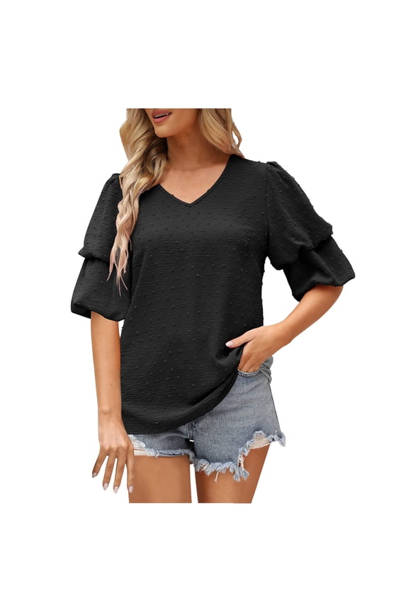 Womens Dressy Chiffon Tops Tiered Puff Short Sleeve V Neck Plain Casual T Shirt Pompom Sweet Cute Summer Blouses