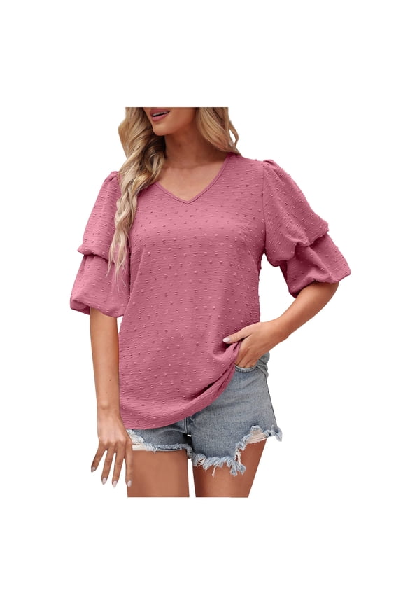 Womens Dressy Chiffon Tops Tiered Puff Short Sleeve V Neck Plain Casual T Shirt Pompom Sweet Cute Summer Blouses