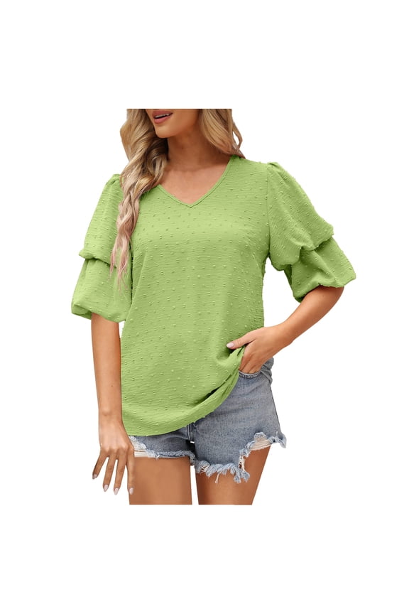 Womens Dressy Chiffon Tops Tiered Puff Short Sleeve V Neck Plain Casual T Shirt Pompom Sweet Cute Summer Blouses
