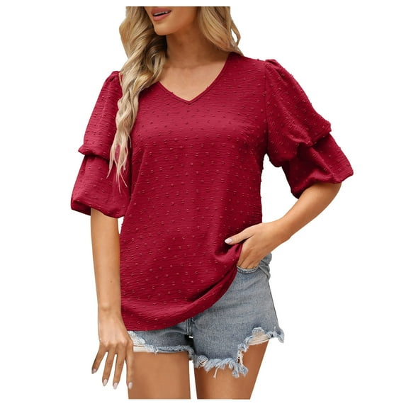 Womens Dressy Chiffon Tops Tiered Puff Short Sleeve V Neck Plain Casual T Shirt Pompom Sweet Cute Summer Blouses