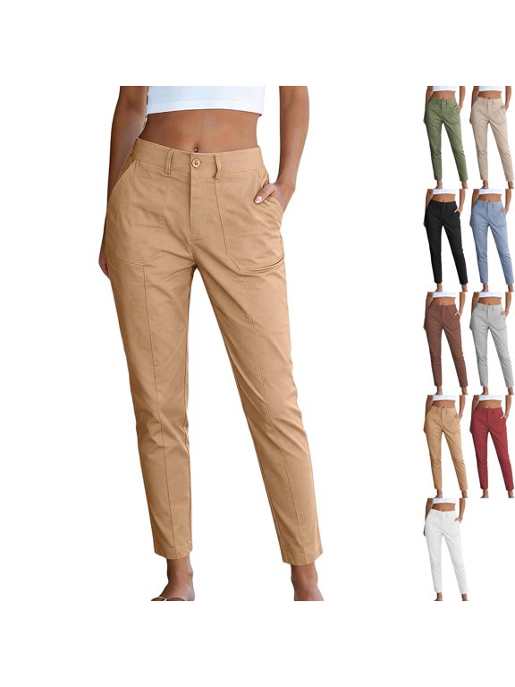 Womens Dressy Flat Front Work Pants High Waisted Regular Fit Tapered Leg Ankle Trousers Fall Teachers Outfits Office Slacks with Patch Pockets, Khaki, M