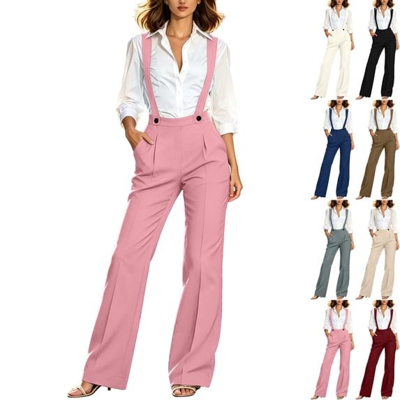 Womens Dressy High Waisted Suspender Business Casual Trousers Pants Wide Leg Palazzo Slacks with Pockets for Work Office,Pink,XXXL