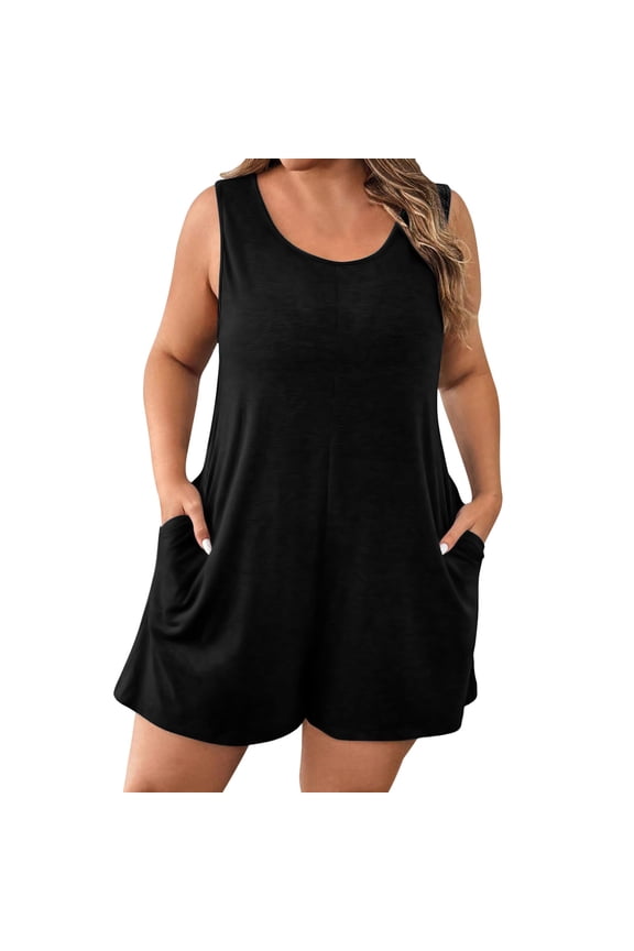Womens Dressy Jumpsuit Loose Crew Neck Sleeveless Shorts Rompers with Pockets Plus Size Fashion Summer Overalls
