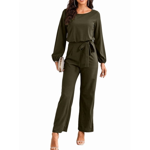 Womens Dressy Jumpsuits Long Sleeve Belted Wide Leg Pants Romper Jumpsuit Wedding Guest Outfits Army Green S