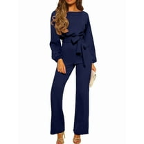 Womens Dressy Jumpsuits Long Sleeve Belted Wide Leg Pants Romper Jumpsuit Wedding Guest Outfits Navy Blue XXL