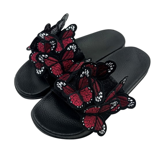 Womens Dressy Sandals Butterflies Embroidered Fashion Slides Comfy Soft Open Toe Slip On Walking Shoes Casual Summer Boho Slippers