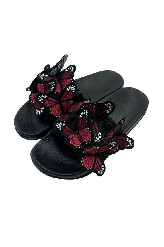 Womens Dressy Sandals Butterflies Embroidered Fashion Slides Comfy Soft Open Toe Slip On Walking Shoes Casual Summer Boho Slippers