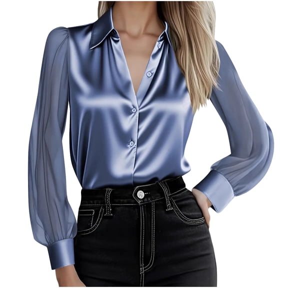 Womens Dressy Satin Tops Mesh Long Sleeve Elegant Button Down Blouses Lapel Collar Business Casual Outfits (S, Blue)