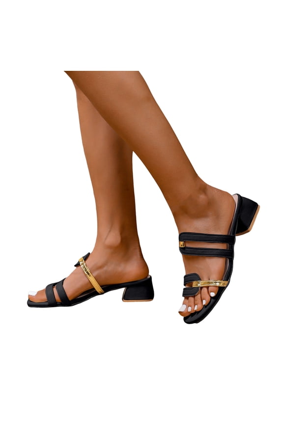 Womens Dressy Slides Sandals Stylish Metallic Leather Square Toe Chunky Mid Heels Slip on Ladies Summer Shoes