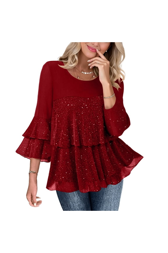 Womens Dressy Sparkly Tops 3/4 Sleeve Ruffles Elegant Evening Flowy Blouse Party Trendy Clothes