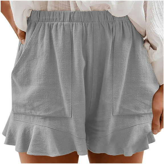 Womens Dressy Summer Shorts Elastic Waist Ruffle Trendy Shorts Casual Baggy Vacation Loungewear Shorts with Pockets Ladies Clothes