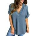 thumbnail image 1 of Womens Dressy Summer Tops V Neck Short Sleeve Cooling Lightweght Rayon Shirt Loose Solid Color Tunics Blouses (2XL, Blue), 1 of 7