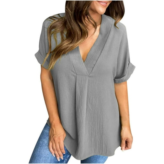 Womens Dressy Summer Tops V Neck Short Sleeve Cooling Lightweght Rayon Shirt Loose Solid Color Tunics Blouses (M, Gray)