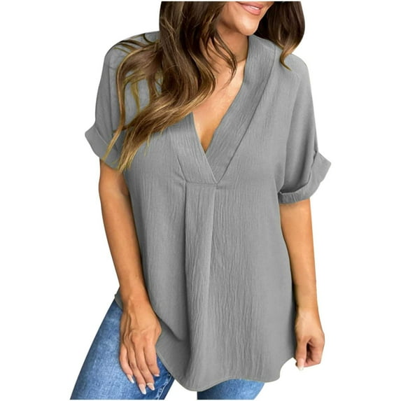 Womens Dressy Summer Tops V Neck Short Sleeve Cooling Lightweght Rayon Shirt Loose Solid Color Tunics Blouses (S, Gray)